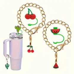 2pcs/set Fruit Straw Covers Cap With Tumbler Charm, Cherry Watermelon Carrot And Leaf Cactus Straw Tips Cover Fruits