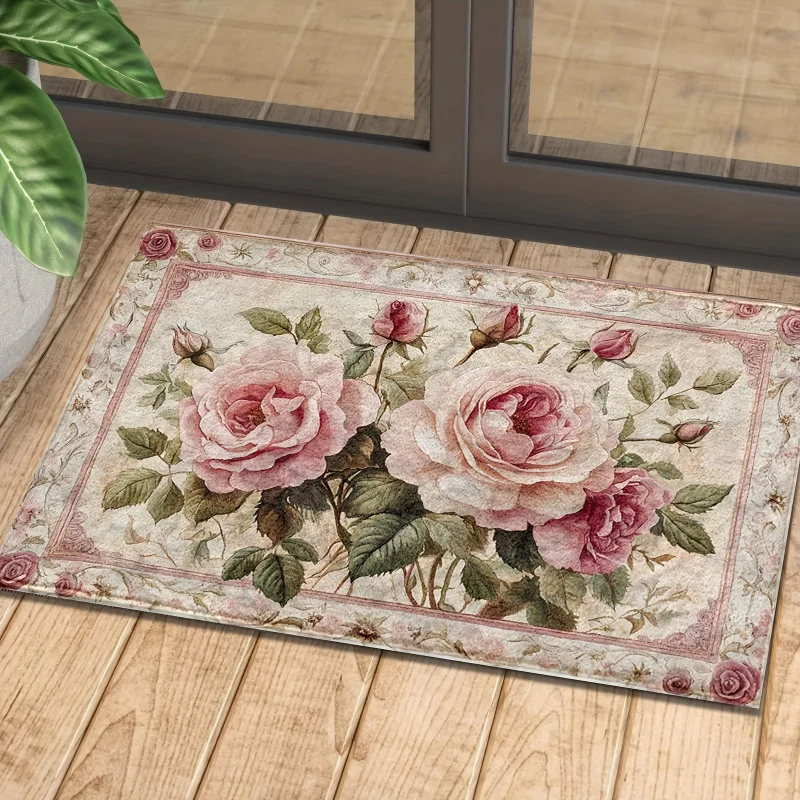 VIKAMAVintage Pink Floral Design Bathroom Rug Suitable for B