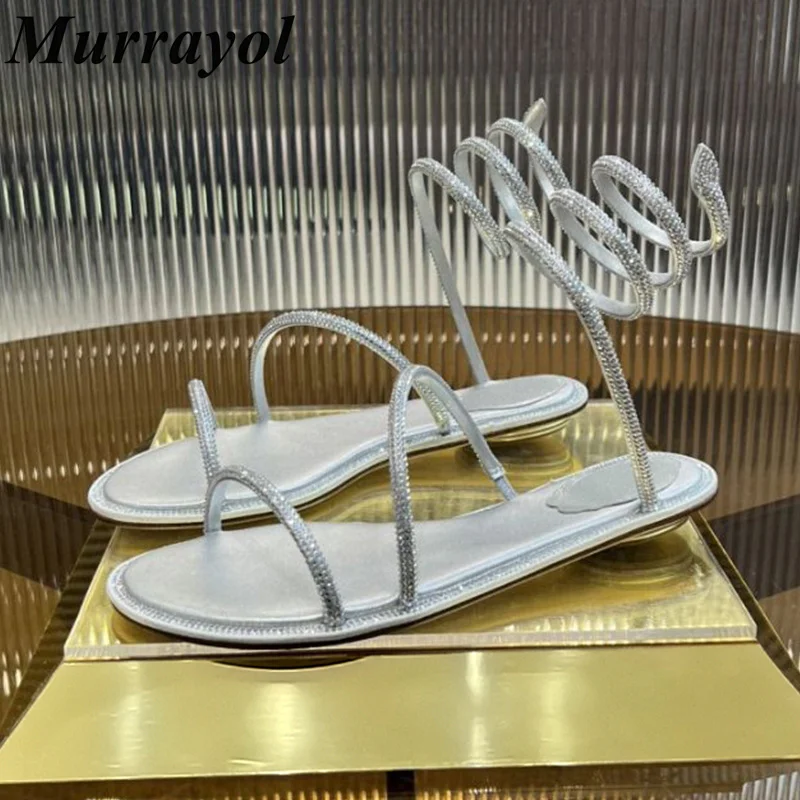 

One Strap Flat Bottom Sandalias Women Crystal Decor Snake Shaped Elastic Strap Sandals Summer Dress Shoes Bridesmaid Shoes