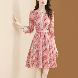 Elegant V-Neck Spliced Chiffon Printed Ruffles Folds Mini Dress Women's Clothing 2023 Summer New Loose Office Lady Floral Dress