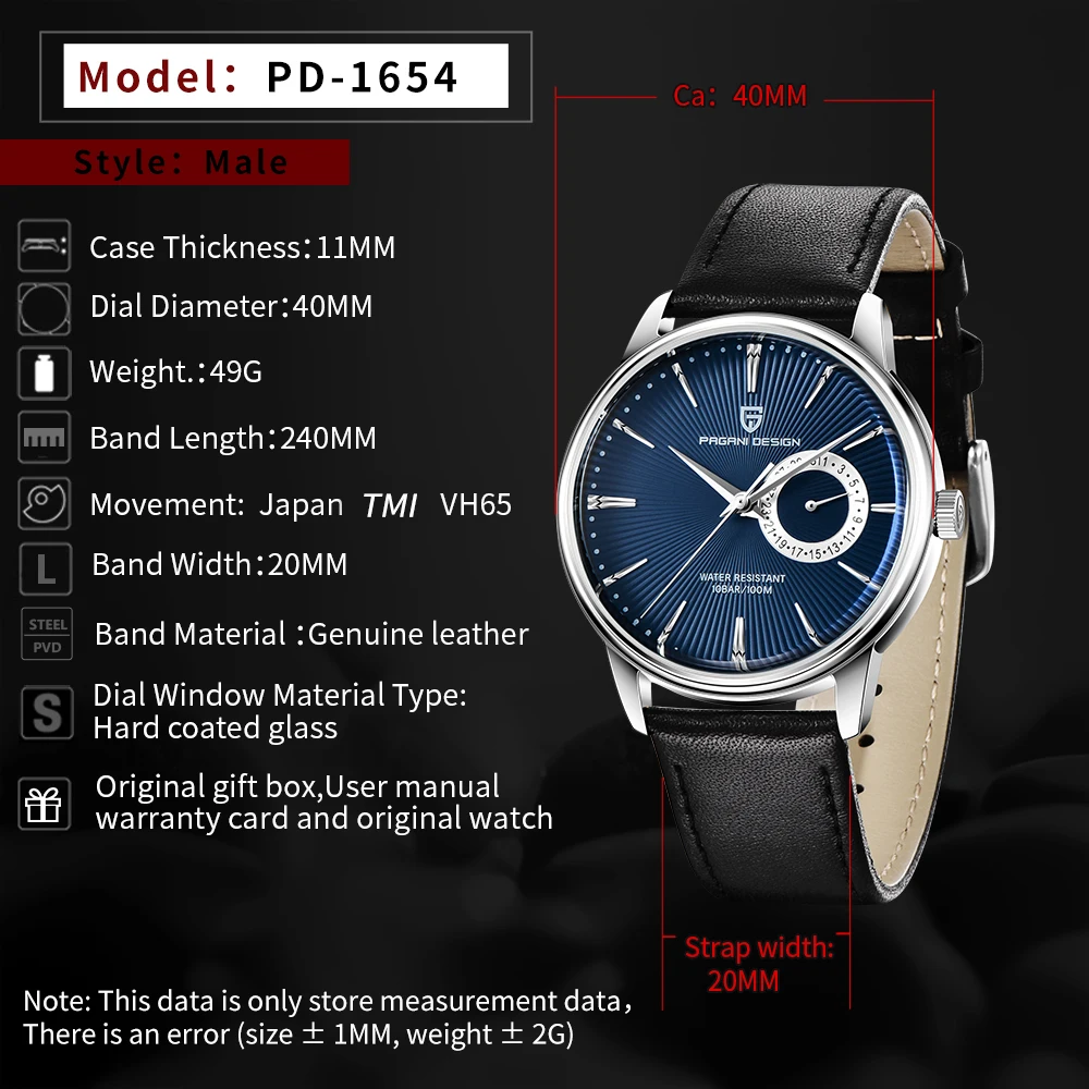 PAGANI DESIGN Men's Quartz Watch TMI VH65 Movement Genuine Leather Strap 100M Waterproof Luminous Luxury Business Wristwatch - view 2