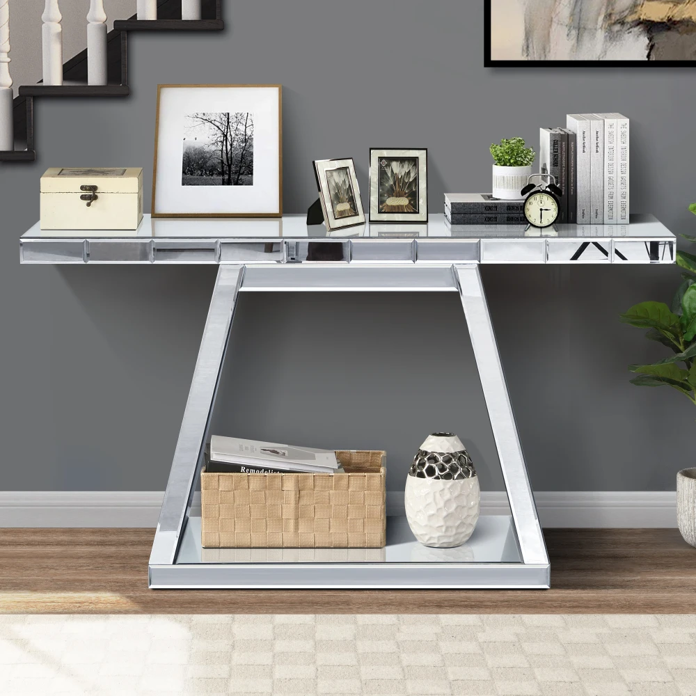 

55.9" Modern Luxe Full-Body Mirror Entryway Table with Trapezoid Base – 360° Reflective Console Table, Sturdy Wooden Frame