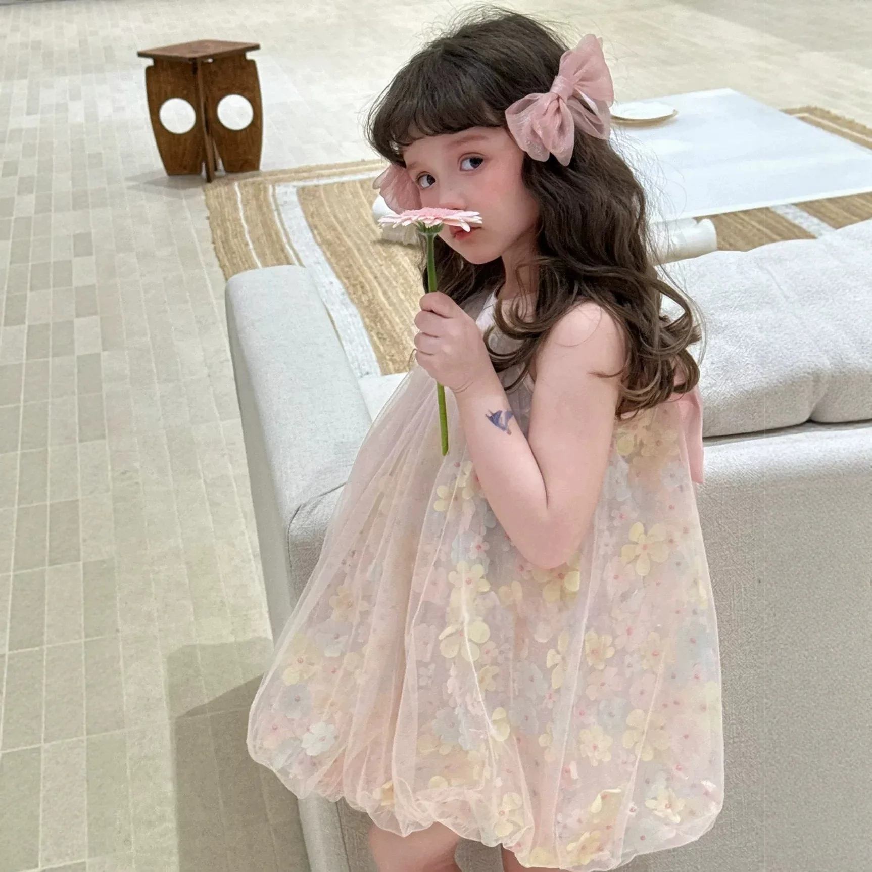 Girls' Dress Big Bow Fairy Petal Dress for Kids Girls Birthday Princess Dress Summer Children's Clothing for Wedding Bridesmaid