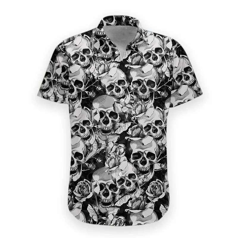 3D Printed Skull Hawaiian Floral Casual Shirt Men\'s Halloween Summer Short Sleeve Lapel Shirt Men\'s Hawaiian Short Sleeve XS-4XL