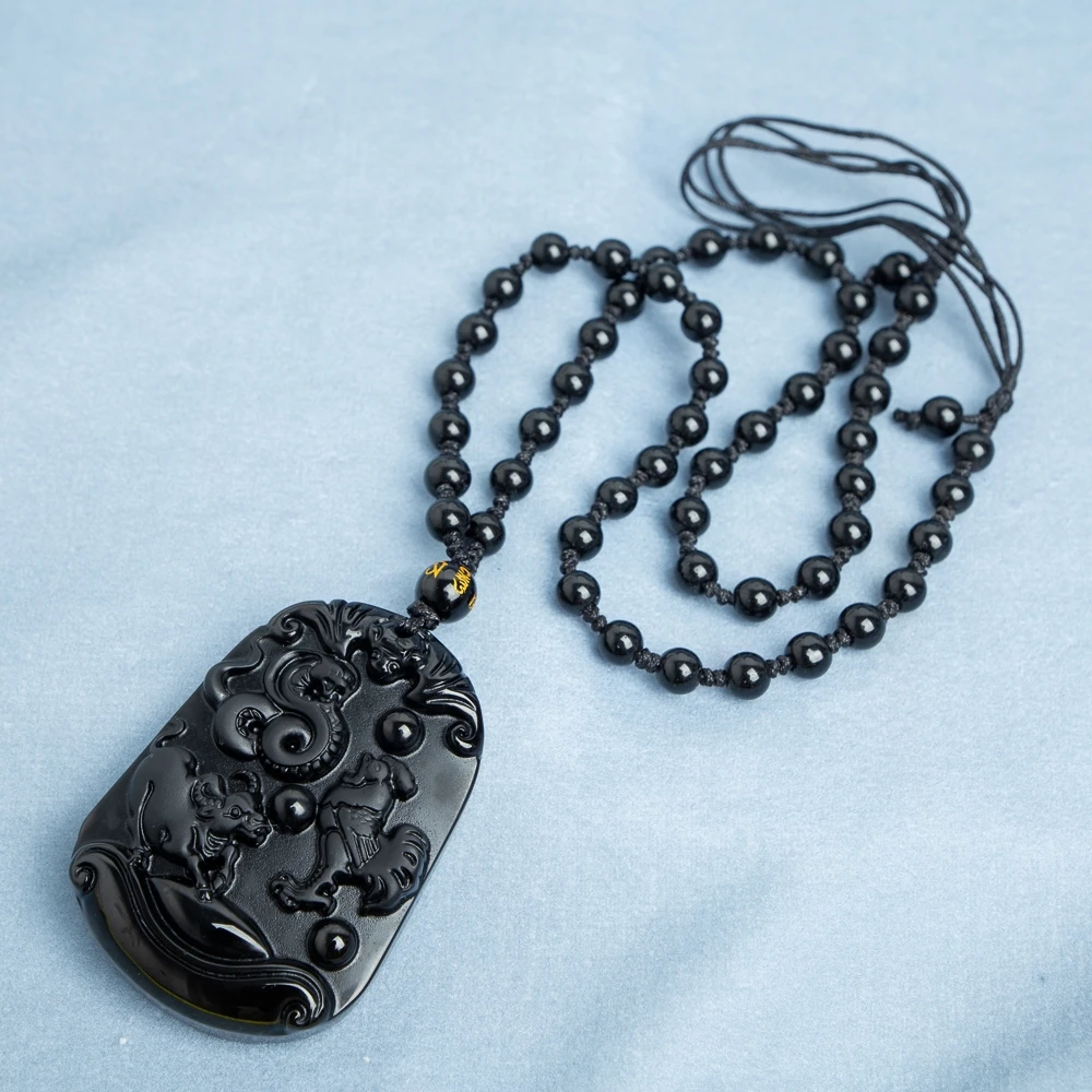 TIMESWIND Natural Obsidian Black Zodiac Snake Rooster Ox Guardian Pendant Men Bead Necklace with Certificate - Image 5