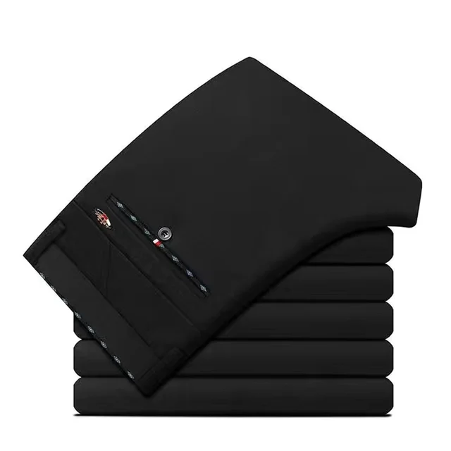 Wysoka rozciągliwość męskie spodnie wizytowe z wysokim stanem elastyczne eleganckie spodnie od garnituru biuro biznes klasyczny spodnie typu Casual Slim Fit czarny niebieski