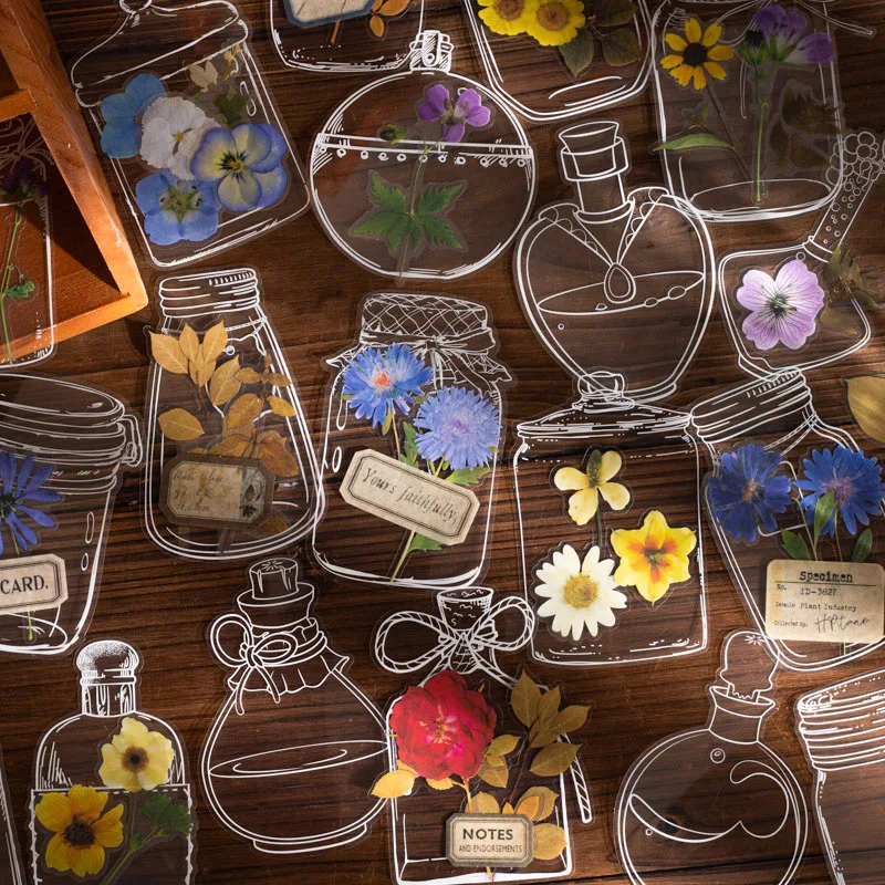 45 Pcs/Pack Dried Flower Memory Series Dual Material Stickers, Dried Flower Bottle DIY Journal Collage Decorative Materials