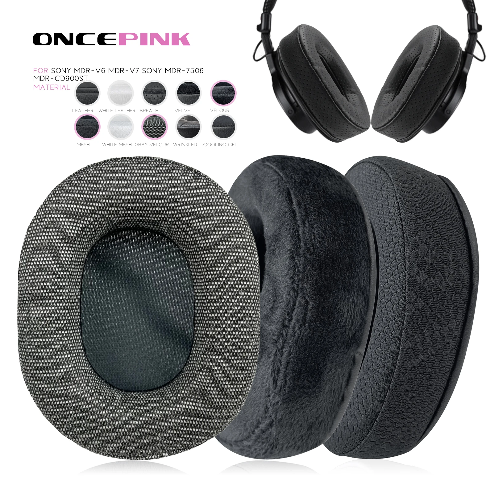 Oncepink Replacement Ear Pads for Sony MDR-V6 MDR-V7 MDR-7506 MDR-CD900ST Headphone Thicken Cushion Earcups Headband Ear Covers