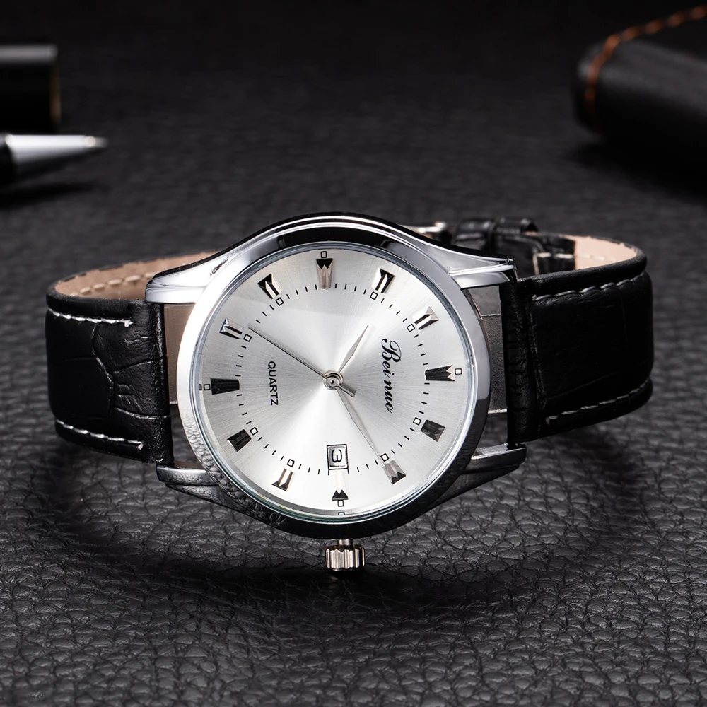 New Leather Men Watch Fashion Luxury Calendar Quartz Metal Wrist Watch For Men Silver Business Man Wristwatch Relogio Masculino