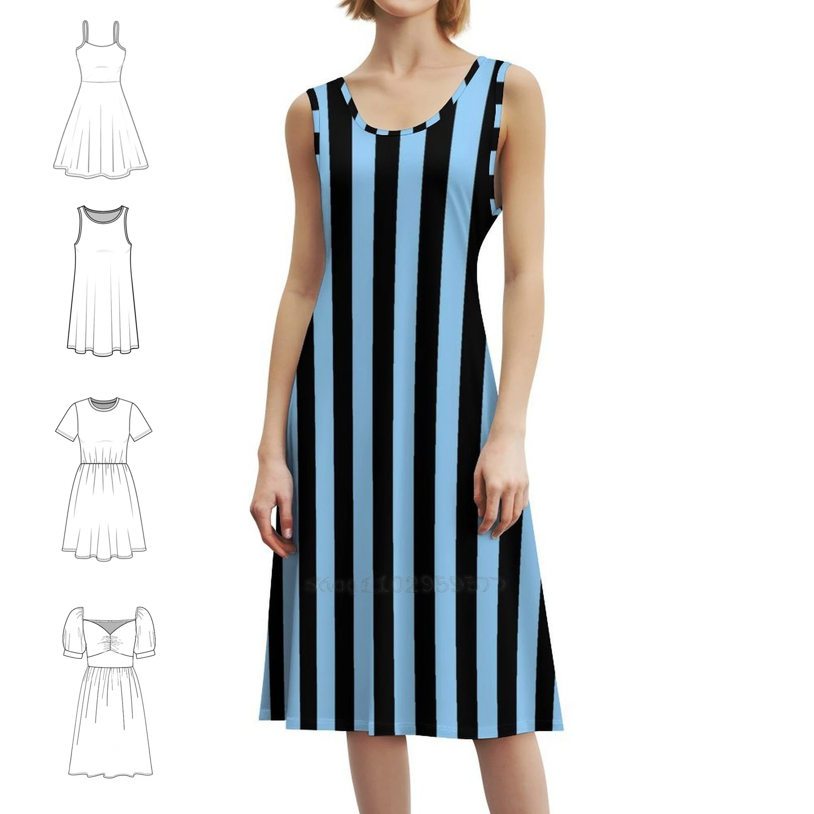 خطوط سوداء وزرقاء سماوية |   خطوط عمودية متوسطة الحجم |   فستان على الطراز الكوري للنساء فستان كاجوال أنيق للحفلات أو اليومية