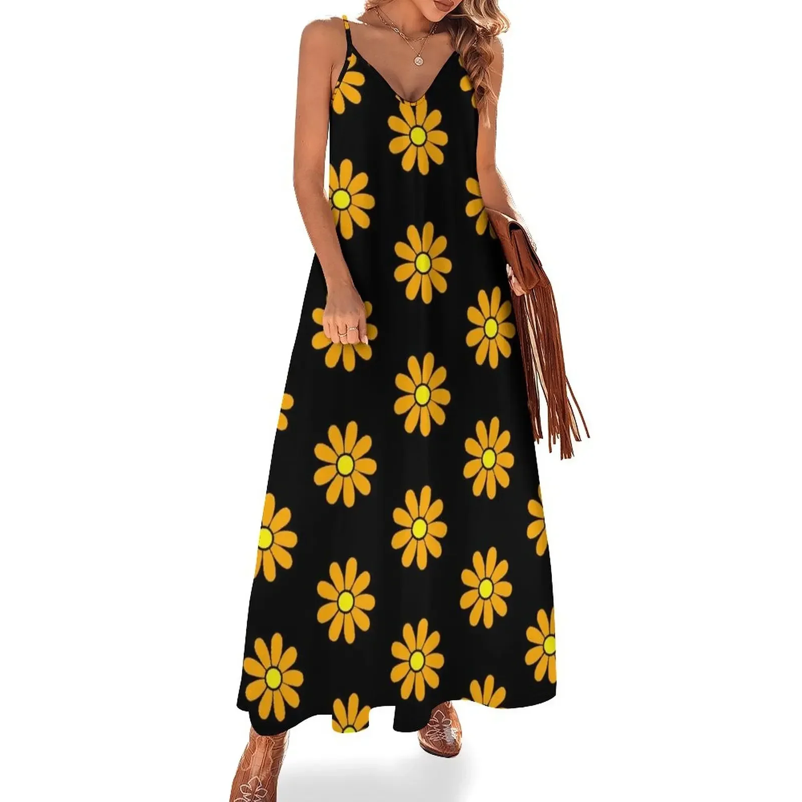 

Happy Orange Daisy Flower Power 60's 70s Retro Vintage Hippie Gardening Sleeveless Dress wedding guest dress 2024 Dress