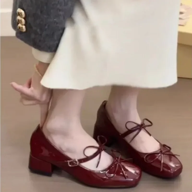 Szpilki, Retro Kwadratowy Nosek, Damskie Płytkie Czółenka, Eleganckie Buty Wizytowe, Modne Imprezowe, Damskie Buty z Kokardą, Duży Rozmiar