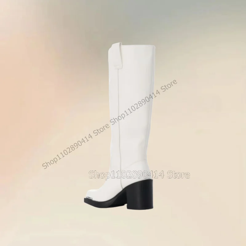 Metal Decor White Sewing Design Knee High Boots Slip On Women Shoes Chunky High Heels Fashion Banquet 2025 Zapatos Para Mujere