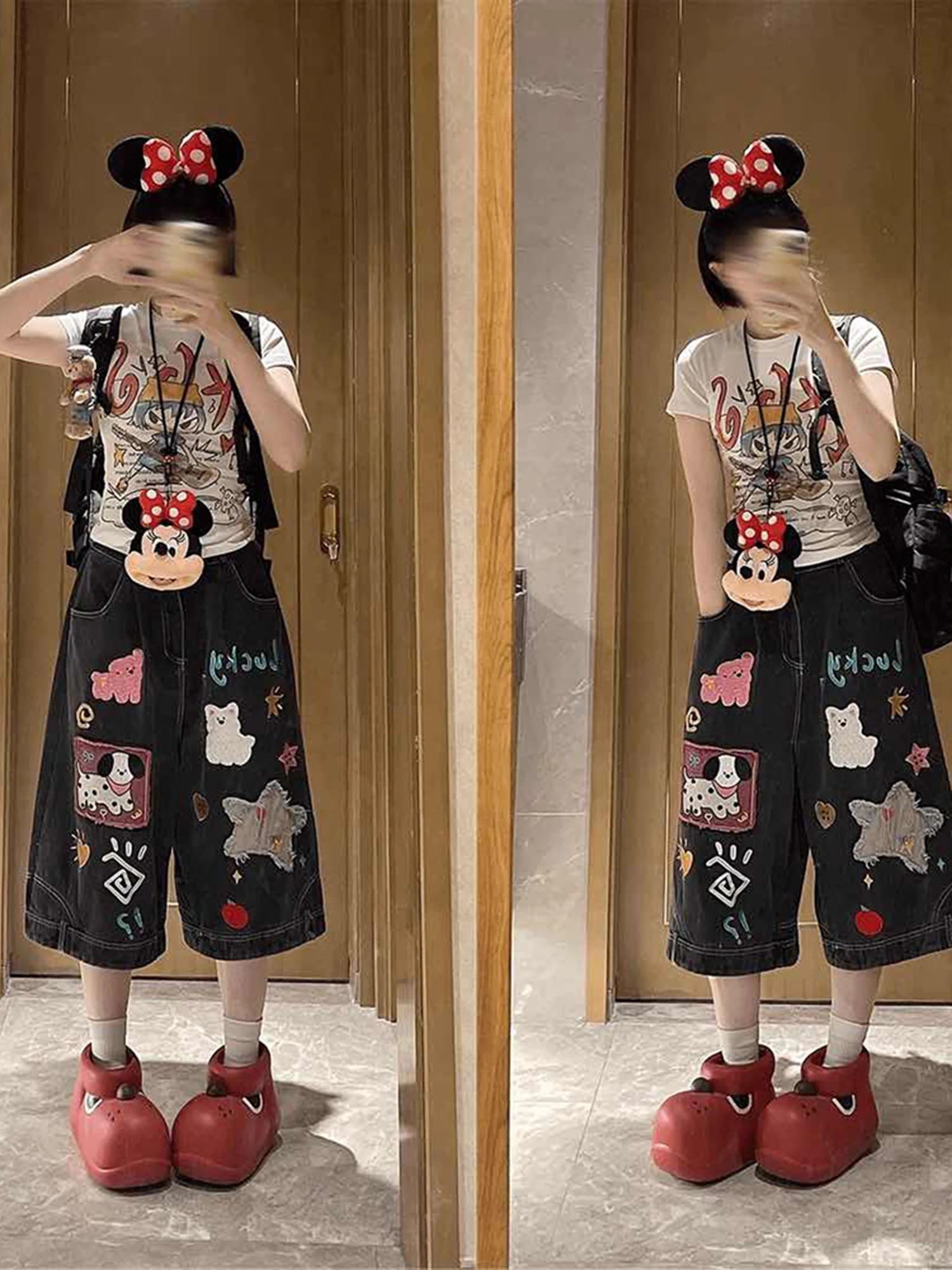 

Джинсовые брюки в стиле ретро American Bla с мультяшным вышитым принтом на семь футов, женские летние восьмисекционные широкие брюки с высокой талией на молнии...