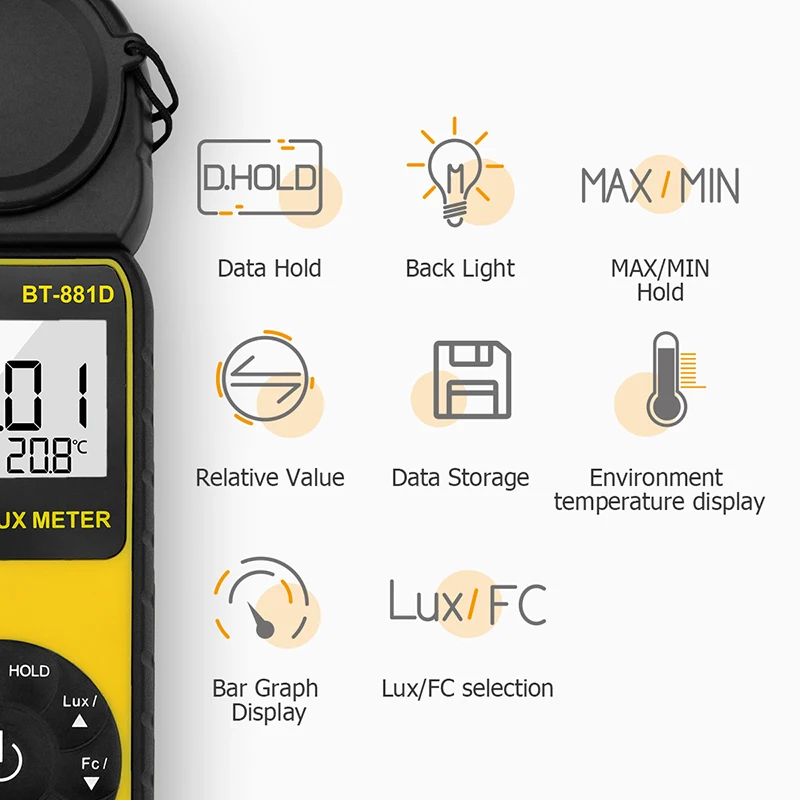 BTMETER BT-881D Digital Illuminance Handheld Light Meter 0.1~400,000 Lux 270º Rotated Sensor for Plants LED Lights Light Tester