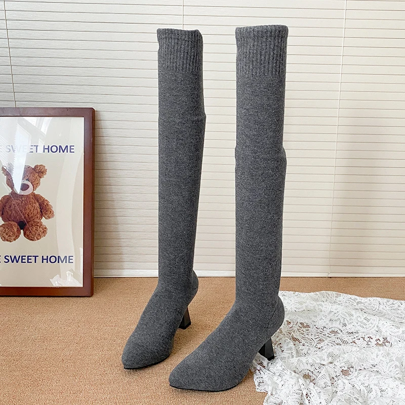 High Heels Women's Sock Boots Pointed Toe Knitting Fashion Shoes Designer Winter High Boots 2025 Dress Luxury Botas Para Mujer