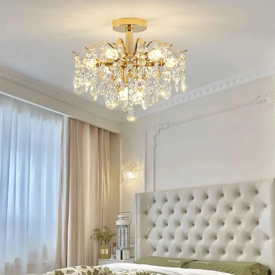 Nordic K9 Crystal Ceiling Light – Mini Gold Flush Mount With Faceted Diamond Glass Shade, G9 Socket, For Hallway, Entryway, Corridor, Balcony