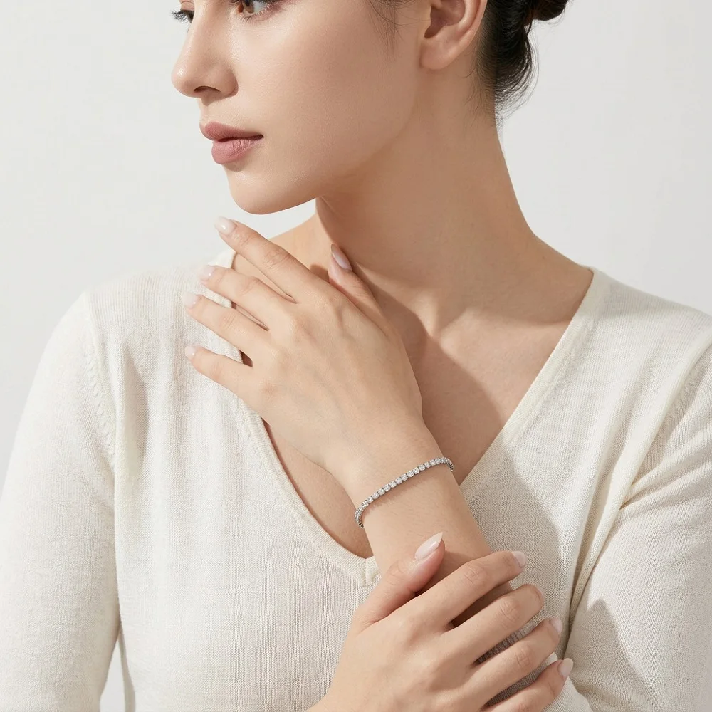 Apaison Single Row 3 mm Moissanites Women's Tennis Bracelet -Wedding Engagement 925 Sterling Silver Delicate Bangle Jewelry Gift