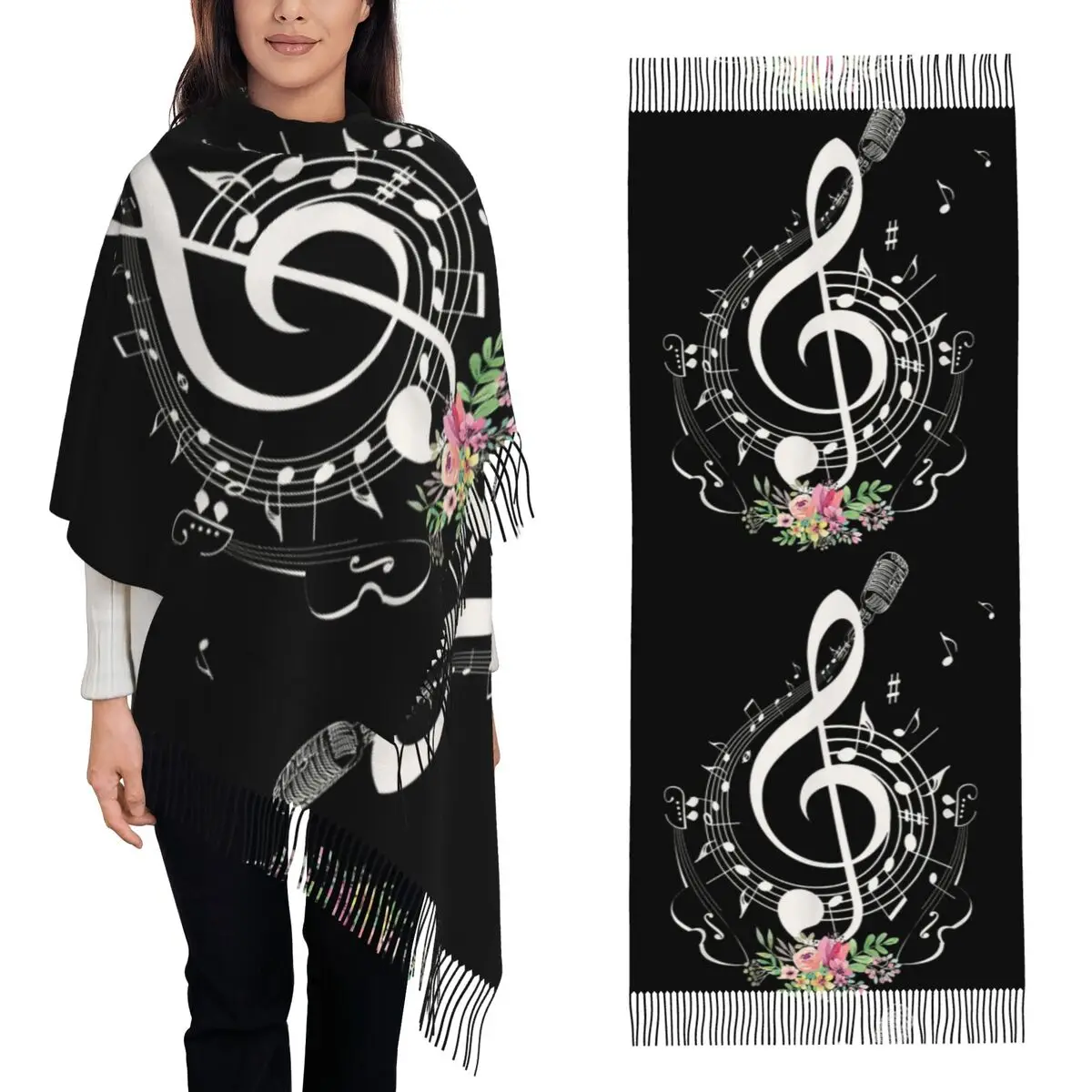 

Вырезанные музыкальные ноты, ключ для учителя, музыкальные ноты и цветы, шарф, шарфы с кисточками для женщин, шали и накидки, большая шаль