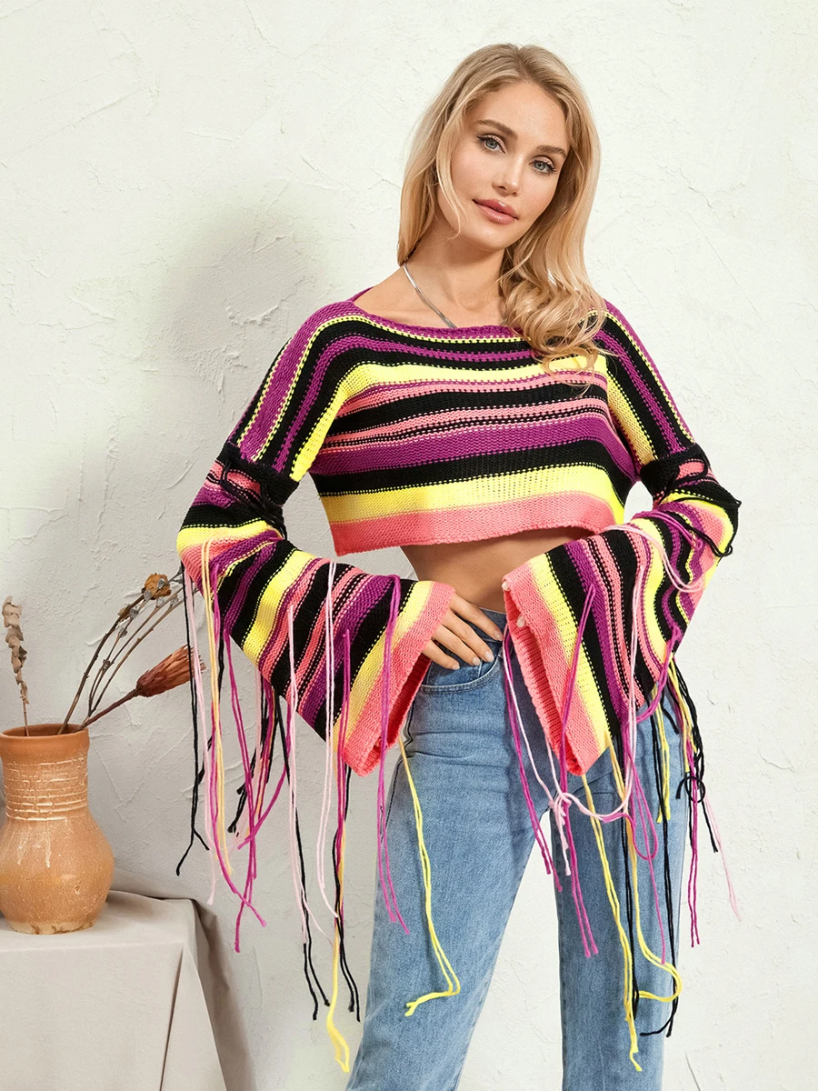 

Women s Fall Cropped Knit Tops Stripe Print O-Neck Tassel Long Sleeve Spring Loose Sweaters Knitwear