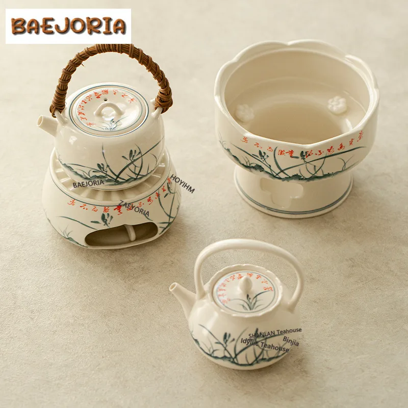 Hand-painted Apricot White Orchid Tea Warmer Holder Alcohol Burner Stove Kettle Stand Boiling Water Carbon Furnace Cha Craft