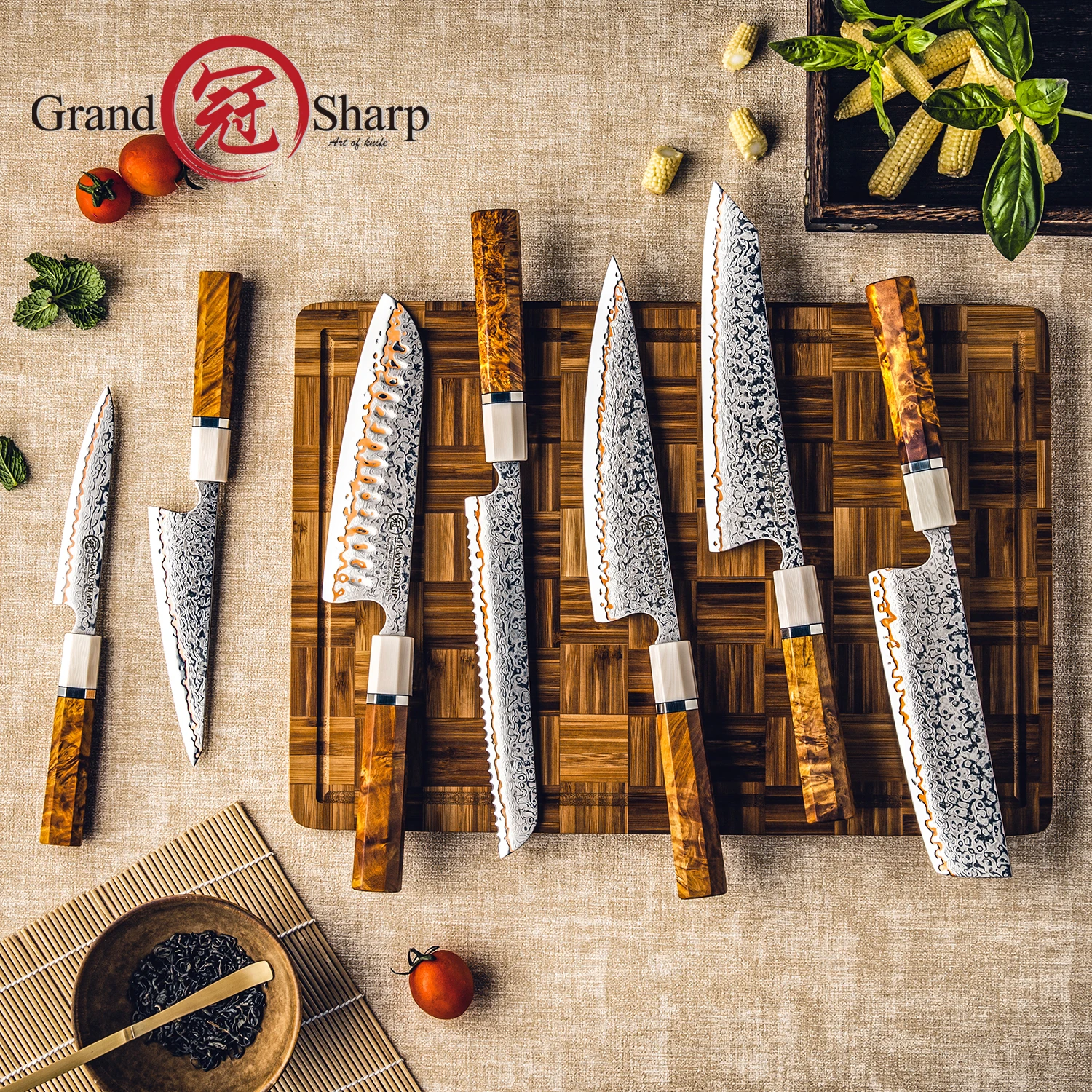 Grandsharp 1-7pcs 55 Layers Copper Damascus Steel Kitchen Knife Set Classic Handle Design Kitchen Knives Set with Gift Box