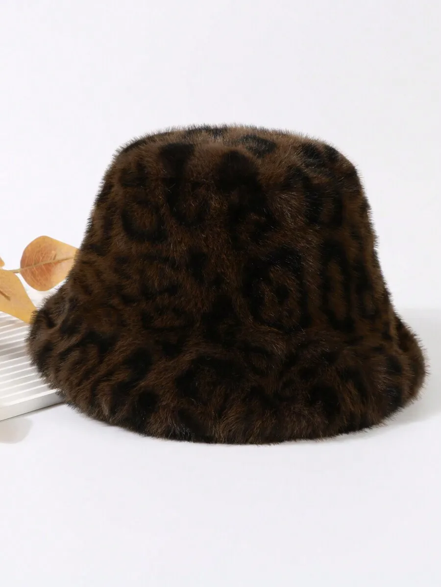 

1pc Women's Fashionable Leopard Print Fluffy Bucket Hat, Streetwear Casual Warm Keep Warm Winter Cap