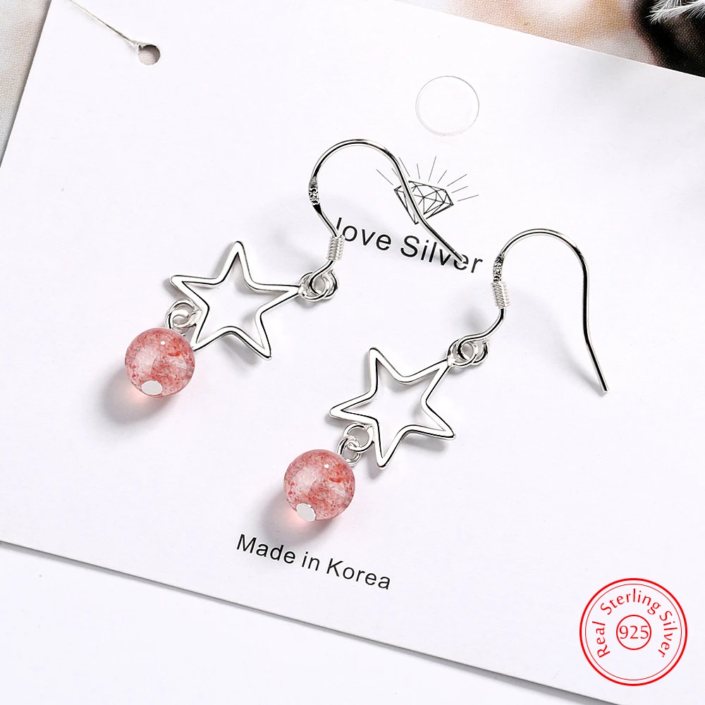 

Real 925 Sterling Silver Jewelry New Fashion Strawberry Quartz Opal Crystal Star Drop Earrings For Women FQL25041
