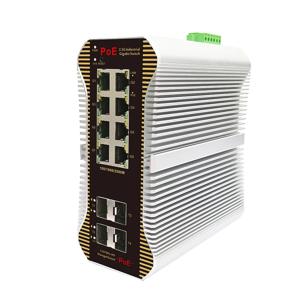 Bullscom محول الشبكة الصناعية المُدارة ذات 12 منفذًا |   8×2.5G PoE+ (30 واط/منفذ) + 4×10 جرام SFP |   غير مُدار |   غلاف معدني متين