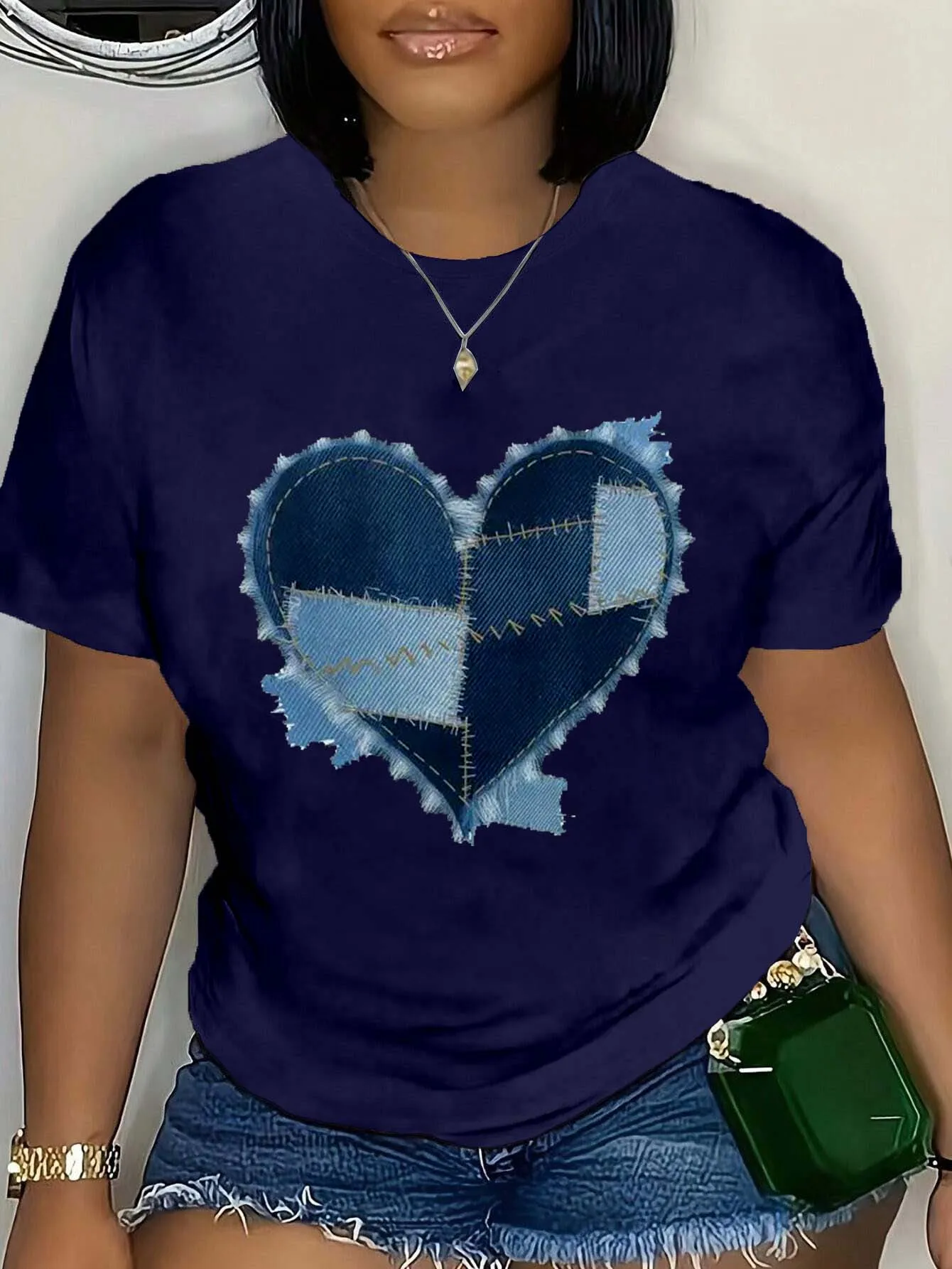 

Plus Size Denim Heart Patchwork Tee Fashionable Plus Size Top With Unique Stitched Heart Design For Trendy Chic Looks