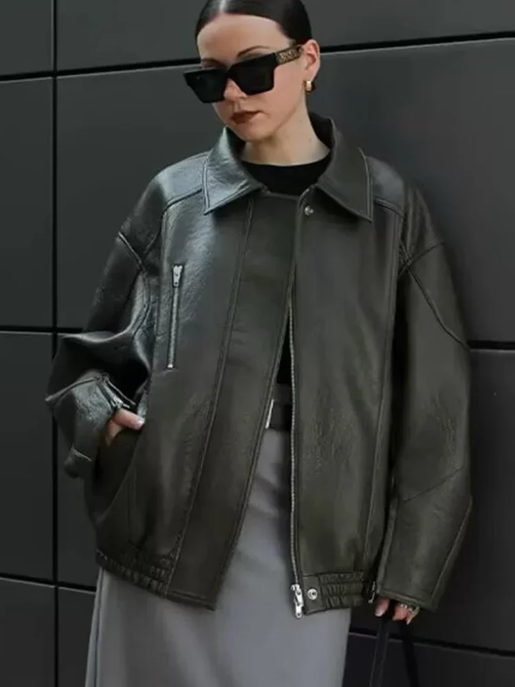 

Women vintage Leather Jacket Autumn Winter Women New Long Sleeve Zipper Laple Jackets Women High Street Leisure Coats