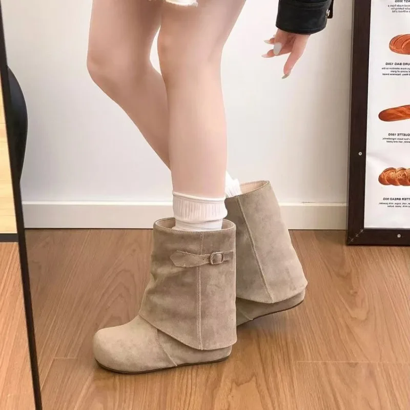 Women Round Toe Suede Ankle Boots Side Buckle Foldable Shaft Wedge Hidden Heel Lazy Style Casual Stacked Booties Fall Winter