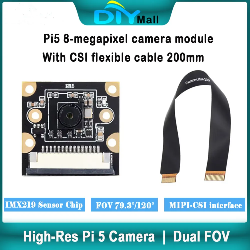 

Модуль камеры IMX219 8 МП для интерфейса Raspberry Pi 5 MIPI-CSI, 79,3 ° /120 ° FOV с гибким кабелем CSI длиной 200 мм, совместимым с RPI 5