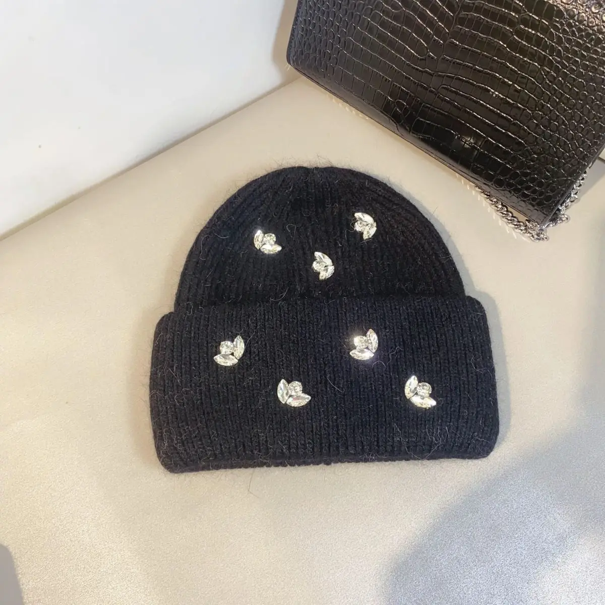 Designer Rhinestones Knitted Hat Winter Women Warm Beanie Real Rabbit Fur Wool Skullies Beanies Outdoor Sport Skiing Cap