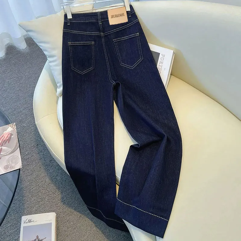 Pantaloni da donna Tasche con chiusura a cerniera con bottoni da donna Pantaloni da donna comodi Jeans casual a gamba larga a vita alta in denim blu navy alla moda