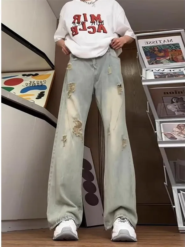 

Желтые джинсы с вставками, зауженные, прямого кроя, мужские, летние, повседневные, в американском стиле, слегка расклешенные, рабочие джинсы