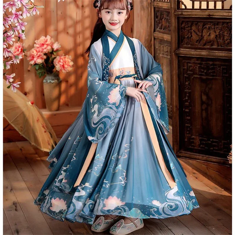 Costume folklorique Hanfu traditionnel chinois pour enfants, vêtements de danse Han pour filles, vêtements de dame dégradés, vêtements de cosplay financièrement, robe de princesse des Prairies