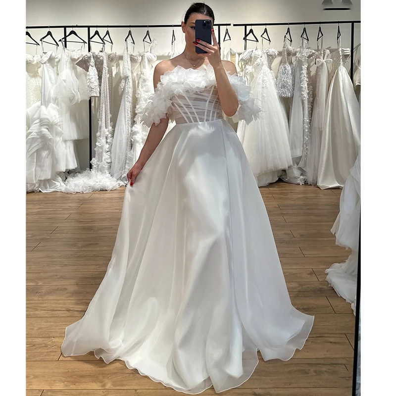 

Off The Shoulder Wedding Dress Chiffon With 3d Flower Lace A-Line Ballgown Sleeveless Boatneck Bride Customized Vestido De Novia