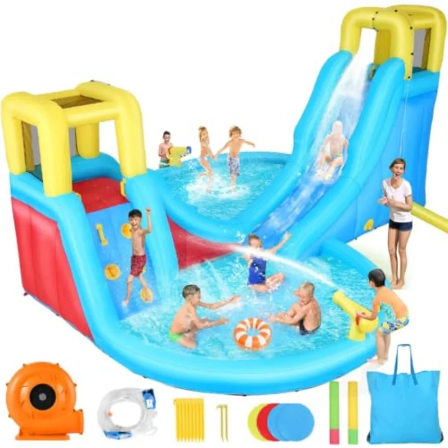 

15.4' x 14.6' Inflatable Bounce House with Air Blower and 2 Water Slides and 2 Splash Pools and 2 Climbing Walls in Blue and Ye