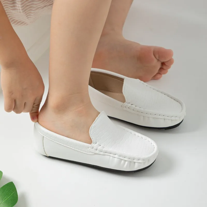 New Boys Leather Shoes 2026 Spring Autumn Children's School White Flat Shoes Soft Bottom Non-slip Uniform Kids Fashion Loafers