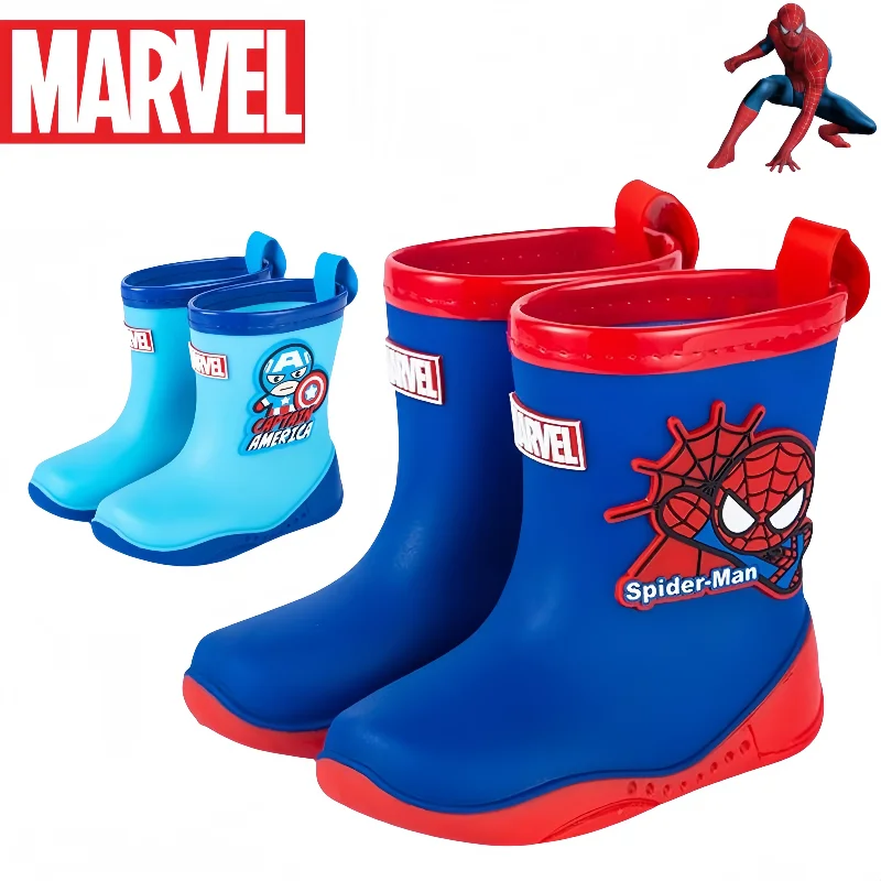 Botas de lluvia para niños de Spiderman de Marvel, zapatos de agua antideslizantes con personalidad de dibujos animados para niños de barril medio, regalo de vacaciones para las cuatro estaciones