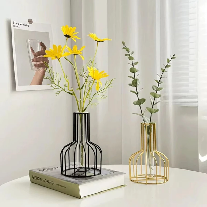 1 Set Of Gold/Black Wrought Iron Metal Vase Hydroponic Container Test Tube Vase Living Room Illustration Decoration