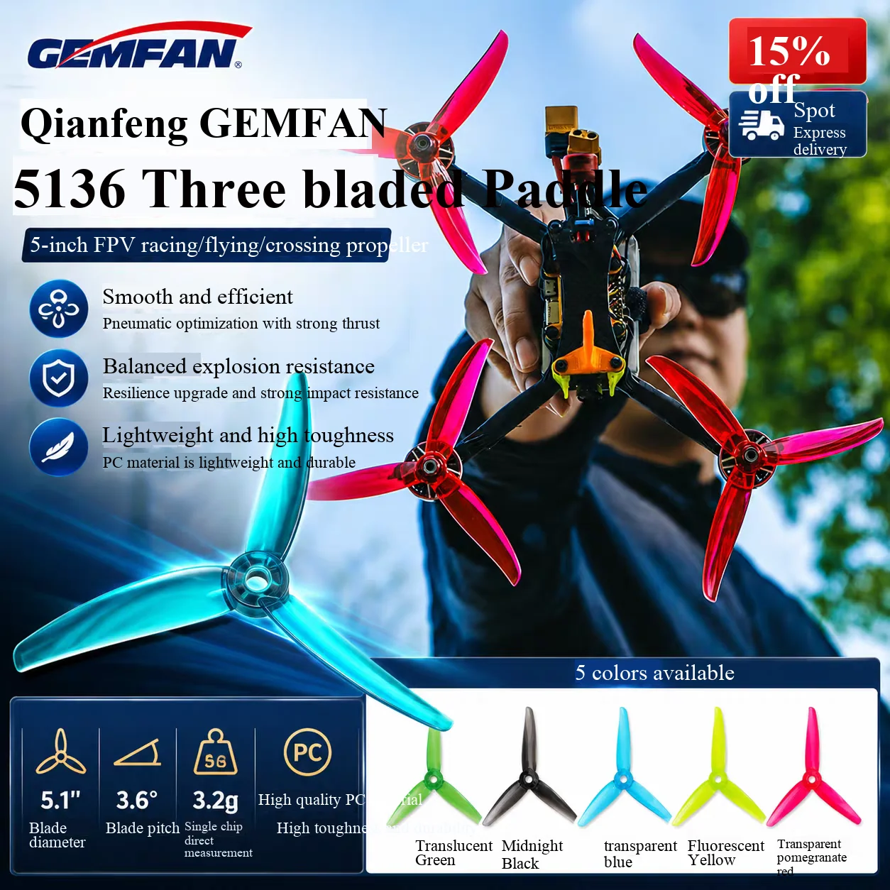 Gemfan VANOVER 5136 3 Blade PC Propeller for FPV Freestyle Quadcopter Racing Drone 5inch Props Multirotor DIY Parts 6Pair/12Pcs