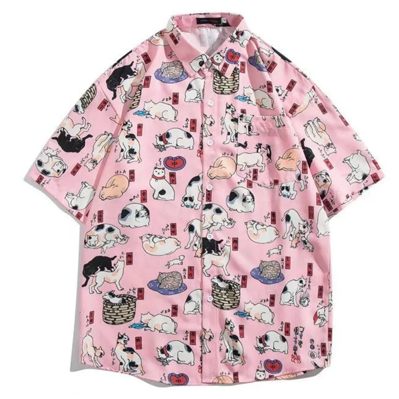 Summer Harajuku Cat Print Hawaiian Shirt Men Casual Loose Short Sleeve Vacation Beach Shirts Male All-Match Fashion Chemise