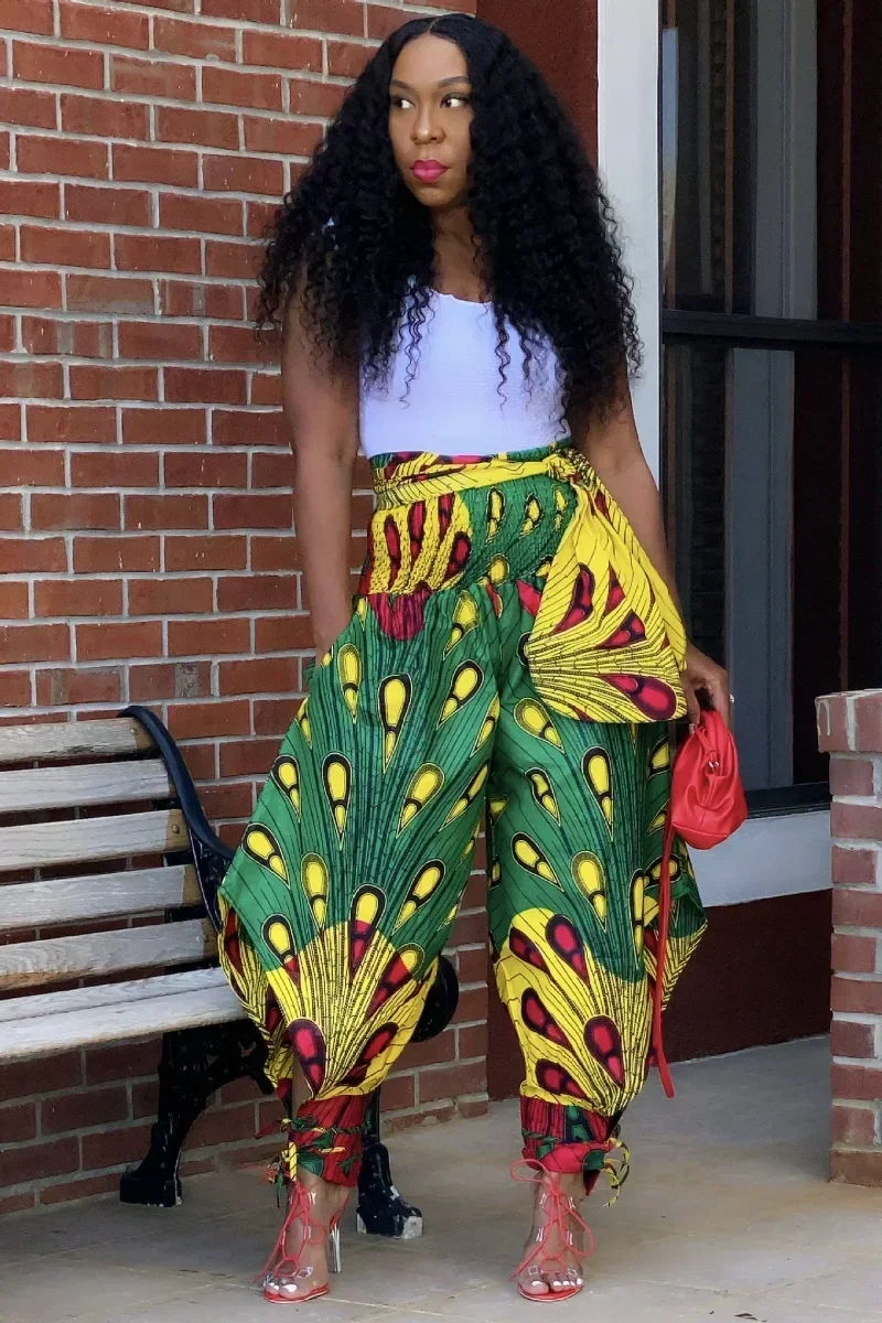 

GUWU Elegant Women Summer Fashion Print Elastic Waist Beach Pants Casual Loose Streetwear Cargo Pocket Side Trousers