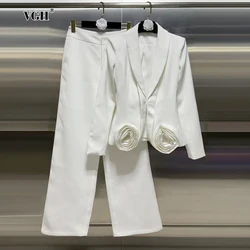 VGH Elegant Two Piece Set For Women Lapel Long Sleeve Spliced Appliques Blazer High Waist Wide Leg Pant Temperament Sets Female