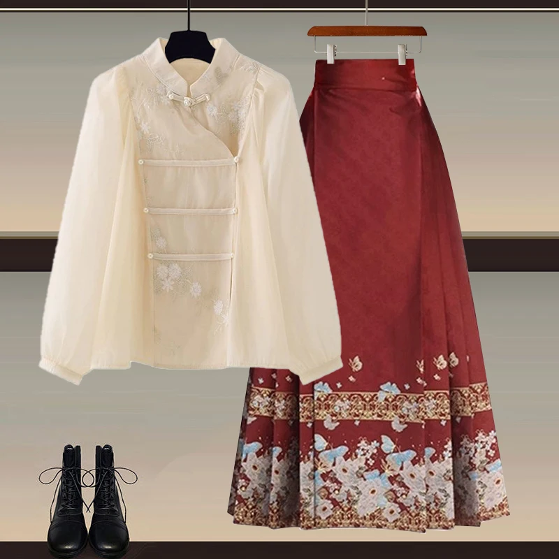 

Красная женская рубашка ханьфу с длинными рукавами, новый китайский стиль, улучшенный дизайн, осенне-зимняя коллекция, новинка, эксклюзивно онлайн