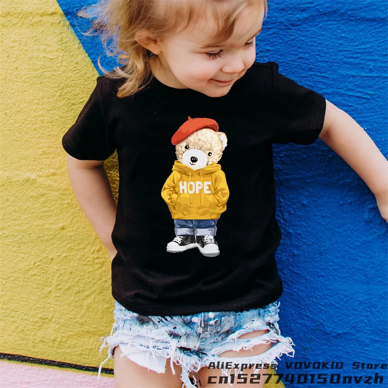 Funny Bear Boy Girl Black Cute Cartoon T-shirt Kid Summer Animal Anime Tops Tee Children Baby Family Group Clothes