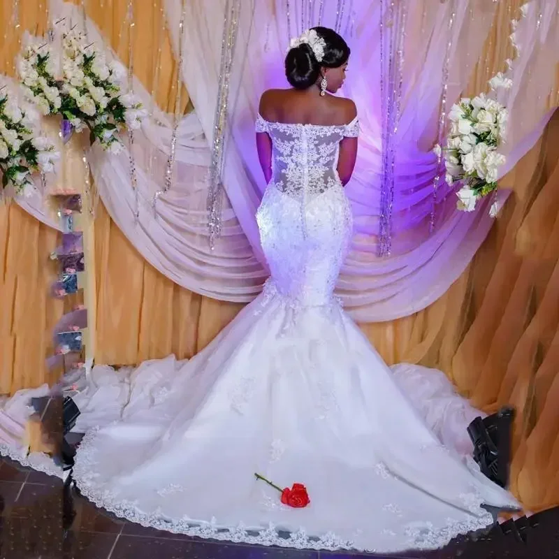 فساتين زفاف أفريقية مخصصة بدون أكتاف دانتيل حورية البحر 2023 مع زينة مطرزة سويب تراين تول زي العرائس مقاس كبير