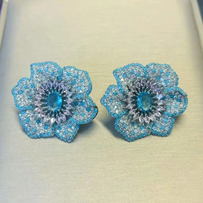 Bilincolor Fashion Blue Flower Stud Earring for Women Wedding